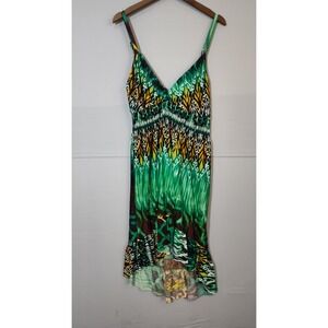 Green Tribal Ikat Print High Low Smocked Waist Sundress Womens 1X V-Neck Strappy